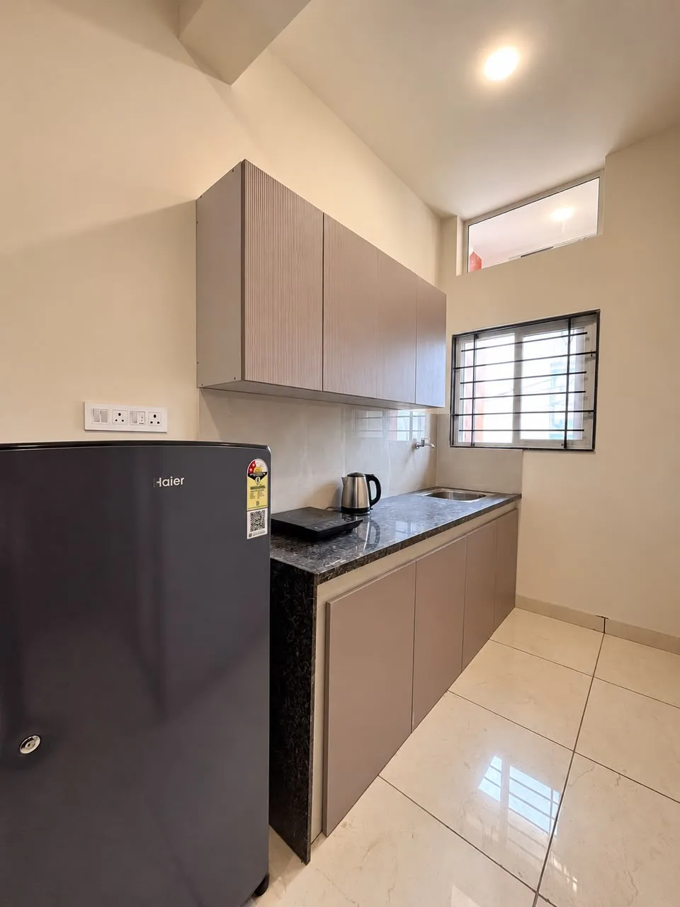 Kitchenette with fridge, induction cooktop, kettle and sink